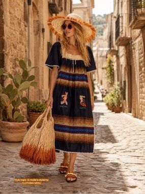 Artisanal Ecuadorian Mid-Calf Blue Dress | Boho Embroidery Traditional Style M/L